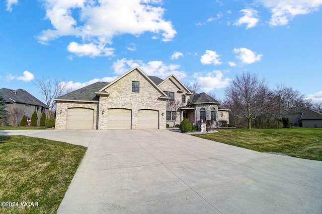 french provincial home featuring driveway, stone siding, and a front yard