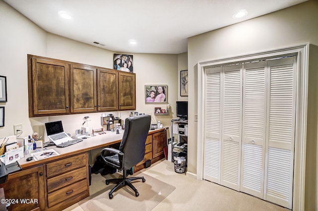 office area with recessed lighting, light carpet, and visible vents