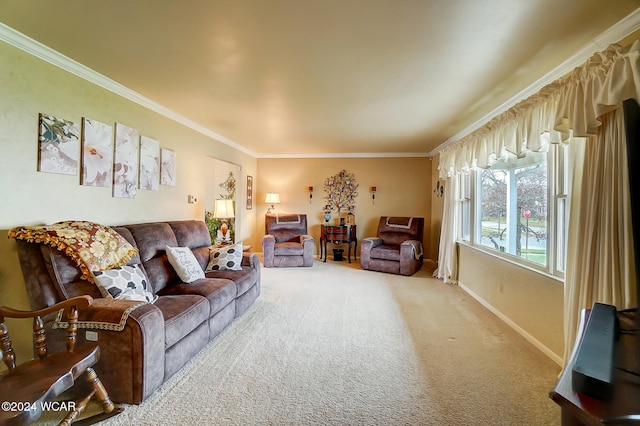 living room featuring crown molding and carpet