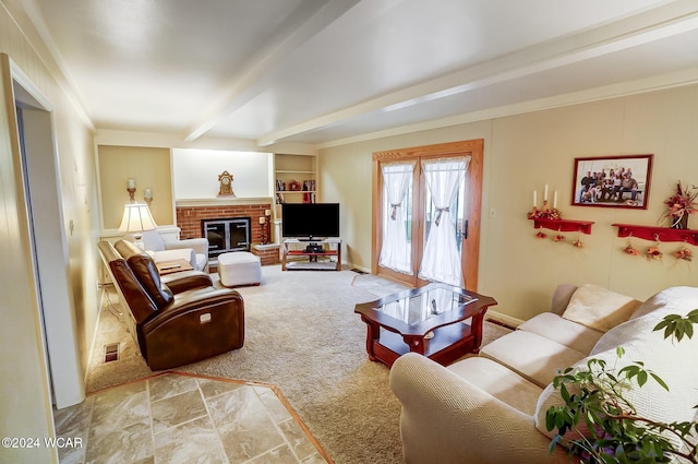 carpeted living room with a brick fireplace, built in features, and beam ceiling