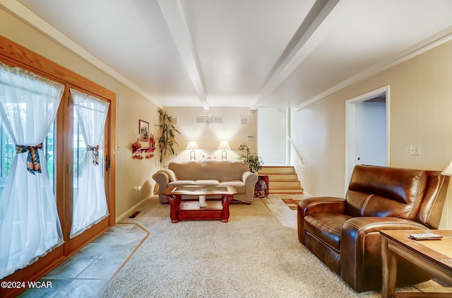 living room with beamed ceiling and crown molding