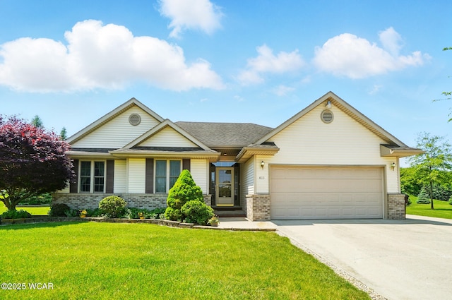 411 Ethan Cir, Bluffton, OH 45817 - view of front of house featuring concrete driveway, a garage, brick siding, and a front lawn