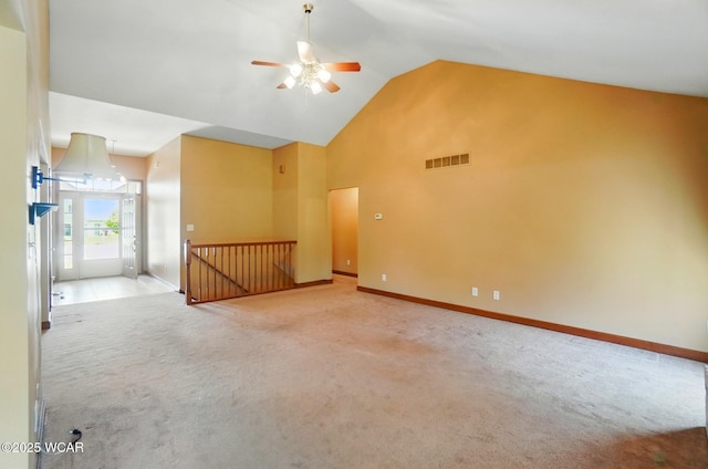 411 Ethan Cir, Bluffton, OH 45817 - unfurnished room featuring a ceiling fan, carpet flooring, high vaulted ceiling, and baseboards