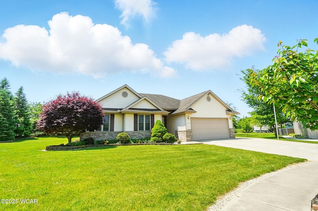 411 Ethan Cir, Bluffton, OH 45817 - view of front of home with concrete driveway, a garage, a front yard, and stone siding