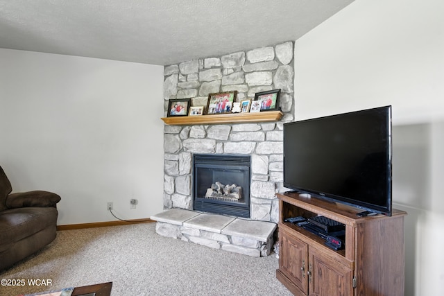 19318 Middle Point Rd, Van Wert, OH 45891 - carpeted living area featuring a stone fireplace and a textured ceiling