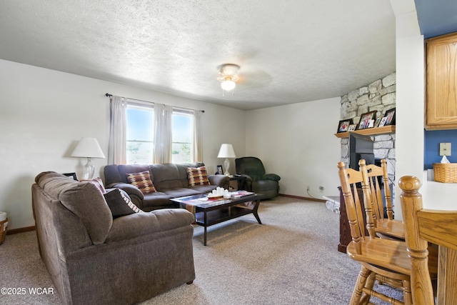 19318 Middle Point Rd, Van Wert, OH 45891 - carpeted living area with a textured ceiling and a fireplace