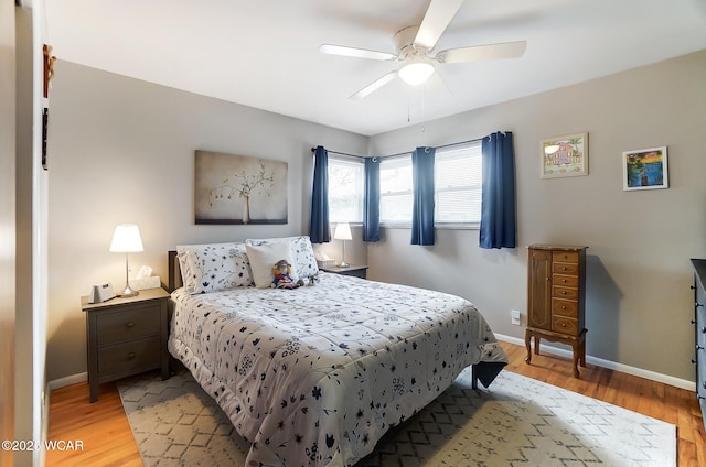 bedroom featuring ceiling fan and light wood-type flooring