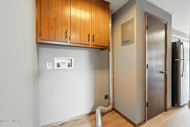 591 Monticello Ave Unit A, Lima, OH 45804 - laundry room featuring hookup for an electric dryer, electric panel, light wood-style floors, cabinet space, and washer hookup
