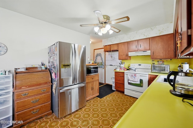 5712 Poling Rd, Elida, OH 45807 - kitchen with stainless steel refrigerator with ice dispenser, under cabinet range hood, white electric range oven, a ceiling fan, and tile patterned floors
