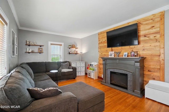 227 N Clay St, Delphos, OH 45833 - living area with crown molding, wood finished floors, and a glass covered fireplace