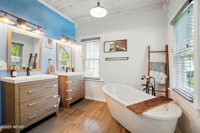 227 N Clay St, Delphos, OH 45833 - full bathroom featuring two vanities, wood finished floors, a soaking tub, ornamental molding, and baseboards
