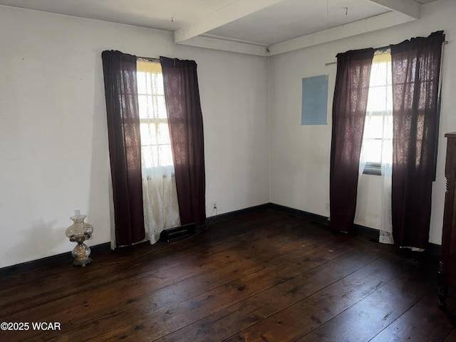 spare room featuring electric panel, baseboards, beam ceiling, and dark wood-style floors