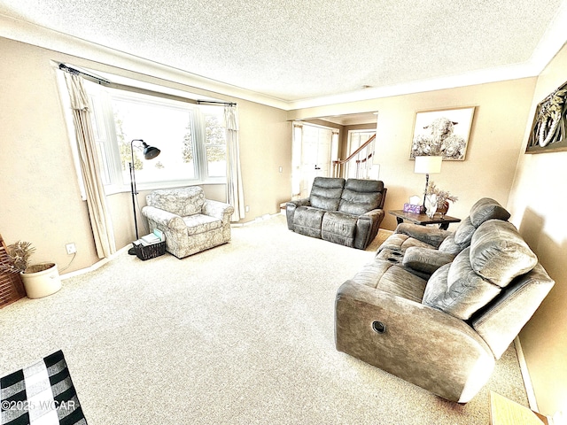 carpeted living room with a textured ceiling