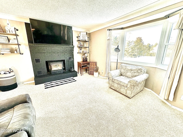 carpeted living room featuring a fireplace and a textured ceiling