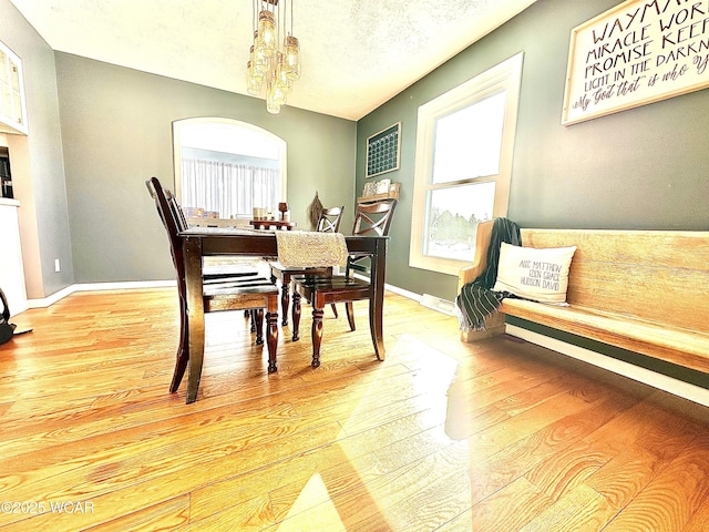 dining room with a notable chandelier, a textured ceiling, and light wood-type flooring