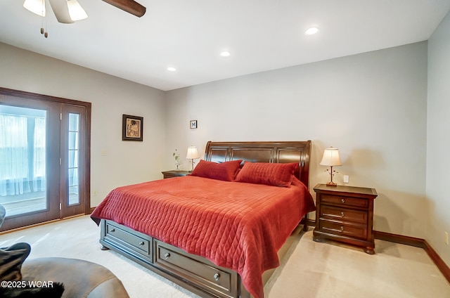 bedroom featuring ceiling fan, light carpet, and access to outside