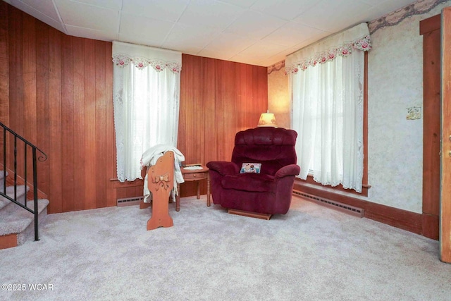 315 W Main St, Cairo, OH 45820 - sitting room with stairs, wooden walls, carpet flooring, and a baseboard heating unit