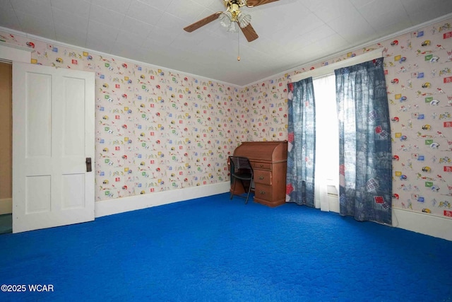 315 W Main St, Cairo, OH 45820 - carpeted spare room featuring wallpapered walls, crown molding, and a ceiling fan