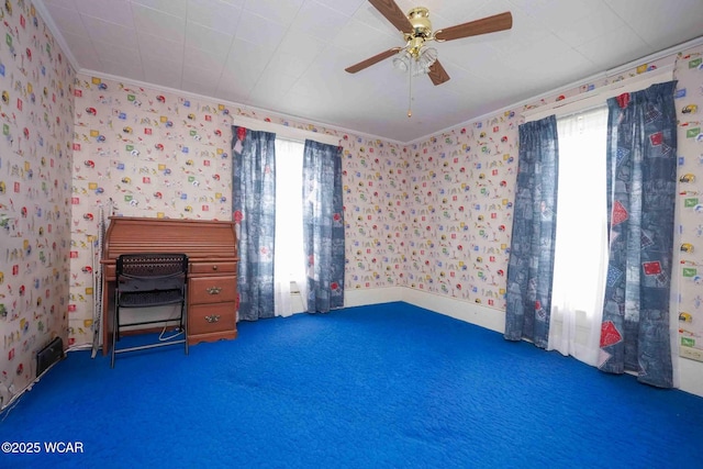 315 W Main St, Cairo, OH 45820 - unfurnished bedroom with wallpapered walls, ornamental molding, carpet flooring, and a ceiling fan