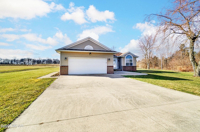 view of front facade featuring brick siding, a garage, concrete driveway, and a front lawn
