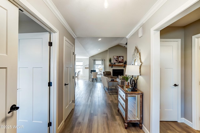 corridor with crown molding, hardwood / wood-style flooring, and lofted ceiling