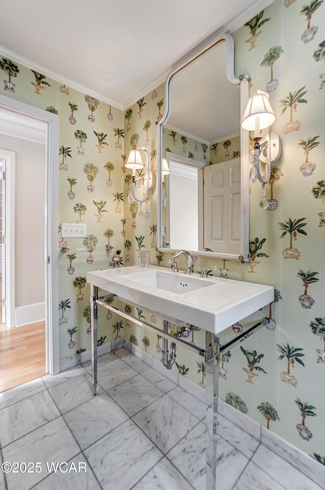 bathroom with crown molding