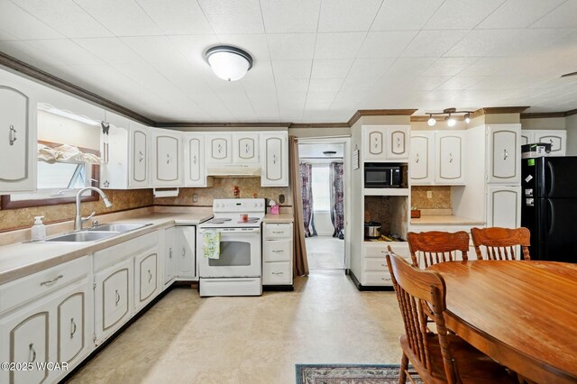 1398 Lutz Rd, Lima, OH 45801 - kitchen with black appliances, a sink, under cabinet range hood, healthy amount of natural light, and crown molding