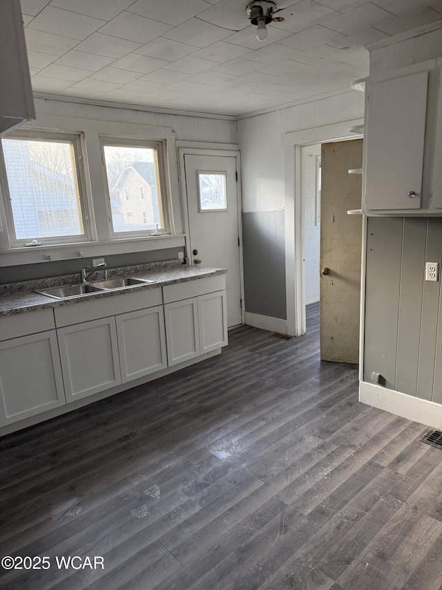 kitchen featuring a sink, baseboards, dark wood-style floors, and visible vents