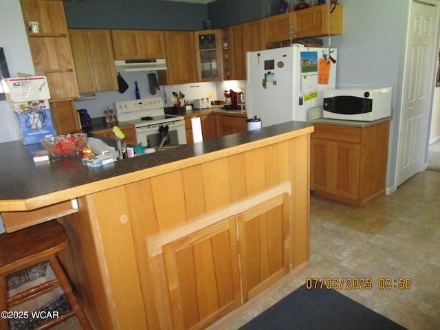 514 S Wayne St, Kenton, OH 43326 - kitchen featuring under cabinet range hood, white appliances, glass insert cabinets, dark countertops, and brown cabinetry