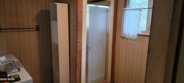 bathroom featuring a shower with door