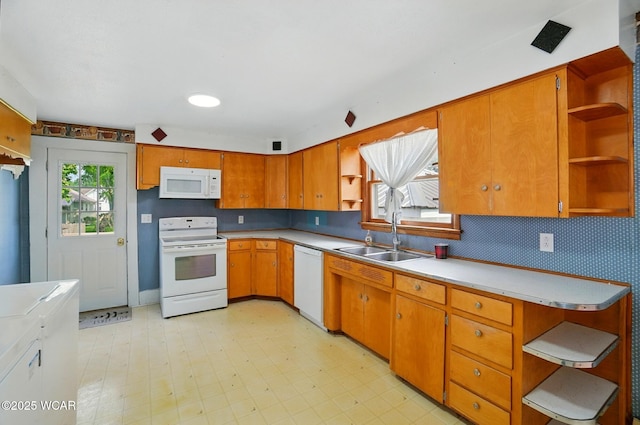 510 N Walnut St, Van Wert, OH 45891 - kitchen with open shelves, white appliances, brown cabinetry, light countertops, and light flooring