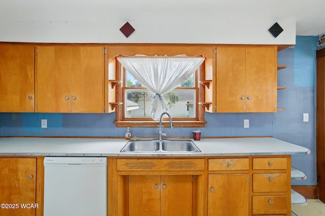 510 N Walnut St, Van Wert, OH 45891 - kitchen with dishwasher, open shelves, light countertops, and brown cabinetry
