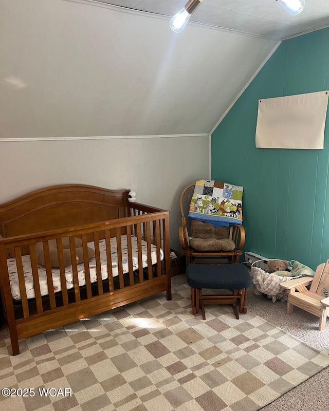 carpeted bedroom featuring vaulted ceiling