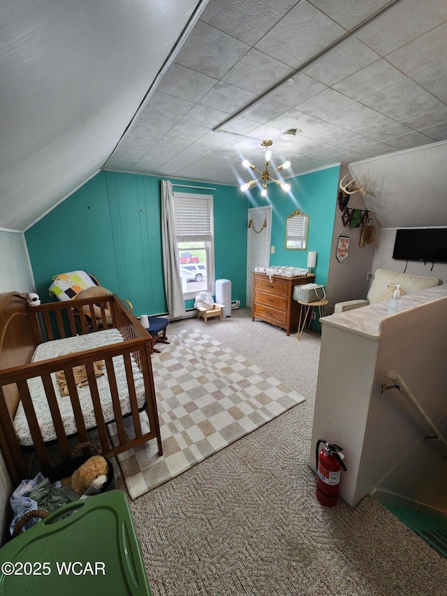 bedroom featuring carpet flooring, wooden walls, and vaulted ceiling