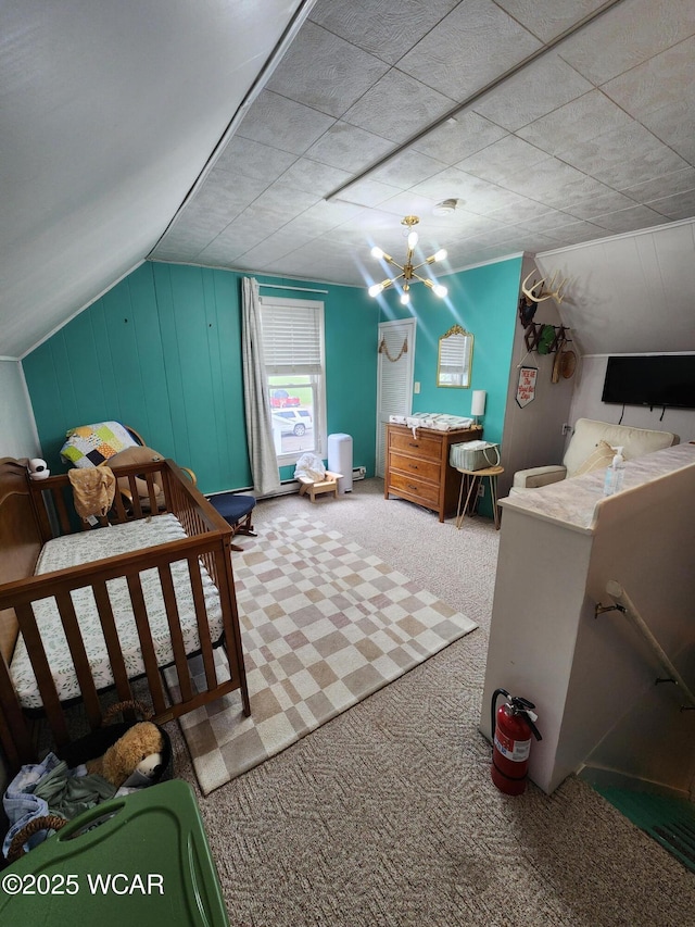 carpeted bedroom featuring wood walls and lofted ceiling