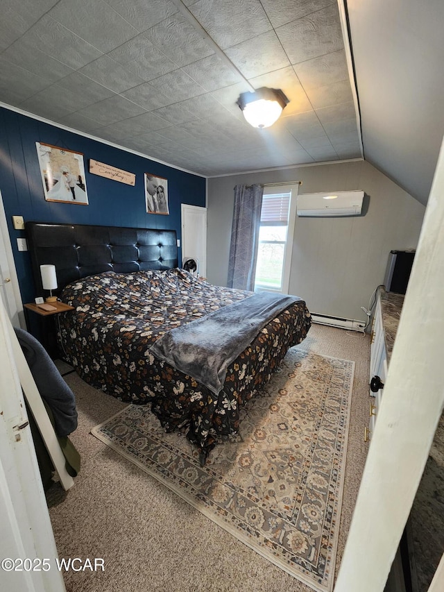 carpeted bedroom with a baseboard heating unit, a wall mounted air conditioner, and lofted ceiling