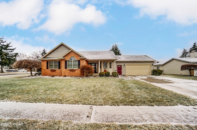 ranch-style house featuring a garage and a front lawn