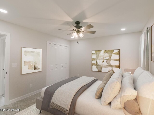 3232 Schooler Rd, Lima, OH 45806 - carpeted bedroom with recessed lighting, ceiling fan, and a closet
