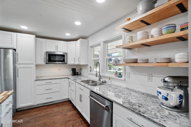 2715 Goldenrod Ln, Findlay, OH 45840 - kitchen featuring appliances with stainless steel finishes, a sink, open shelves, white cabinets, and recessed lighting