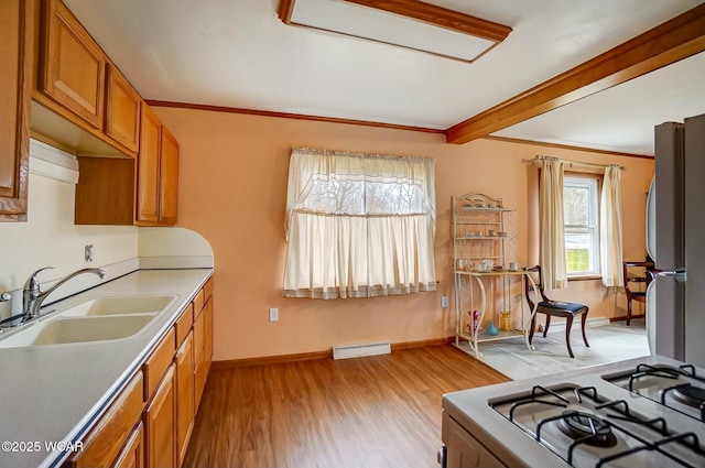 kitchen featuring stove, sink, crown molding, and light hardwood / wood-style floors