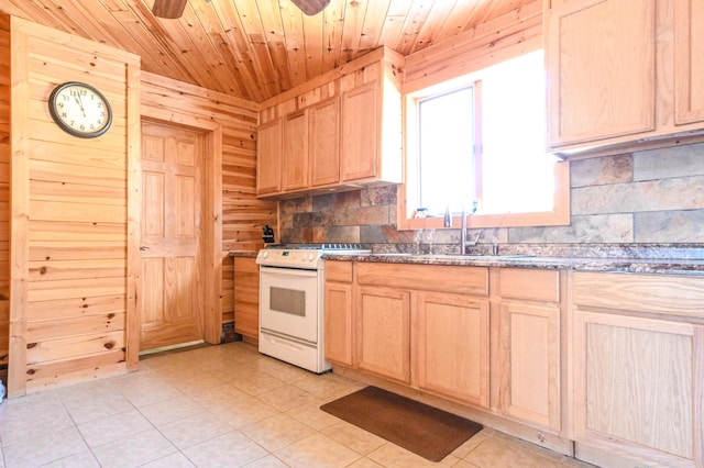 kitchen with light brown cabinets, gas range gas stove, a sink, decorative backsplash, and wooden ceiling