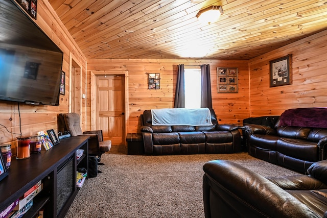 carpeted living room featuring wooden walls and wood ceiling