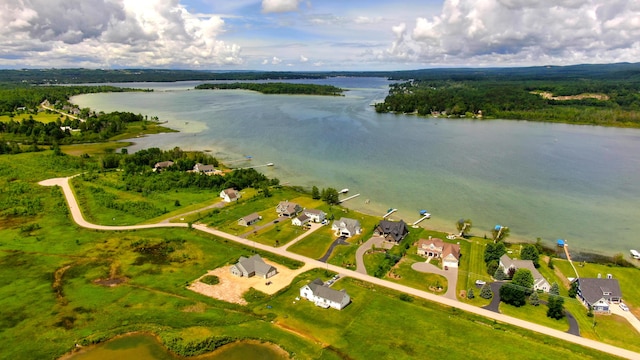 birds eye view of property with a water view