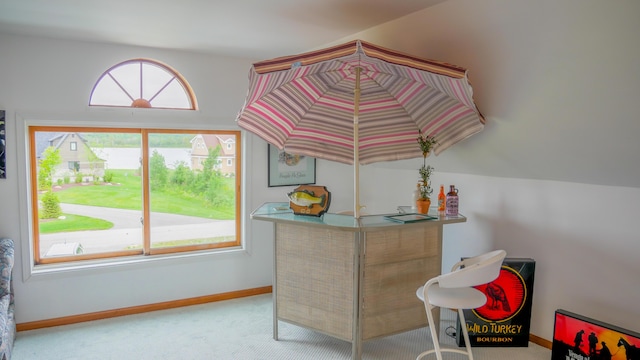 bar with lofted ceiling, plenty of natural light, baseboards, and carpet floors