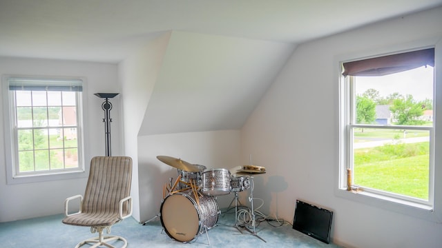 sitting room with lofted ceiling and carpet floors