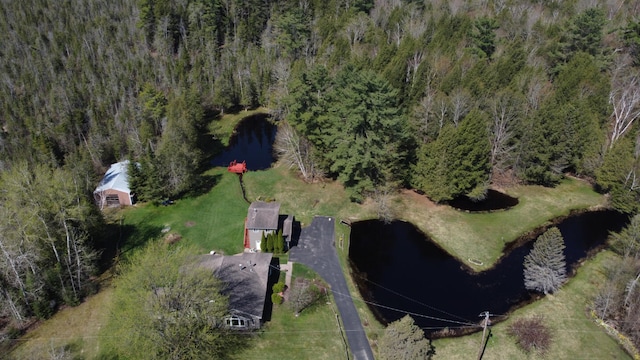 birds eye view of property with a view of trees and a water view