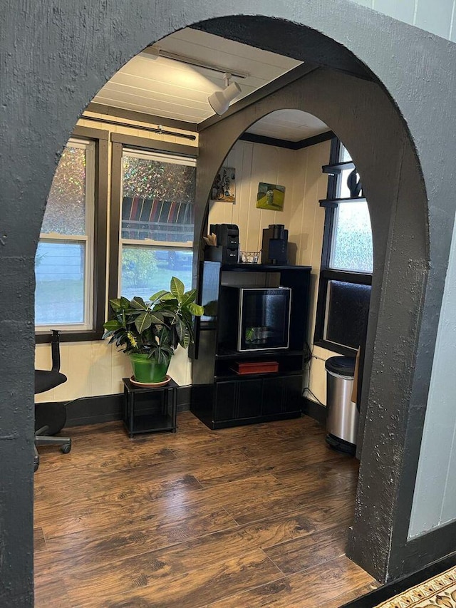 living area featuring rail lighting, wood finished floors, and arched walkways