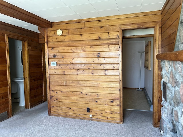 empty room with carpet flooring and wood walls