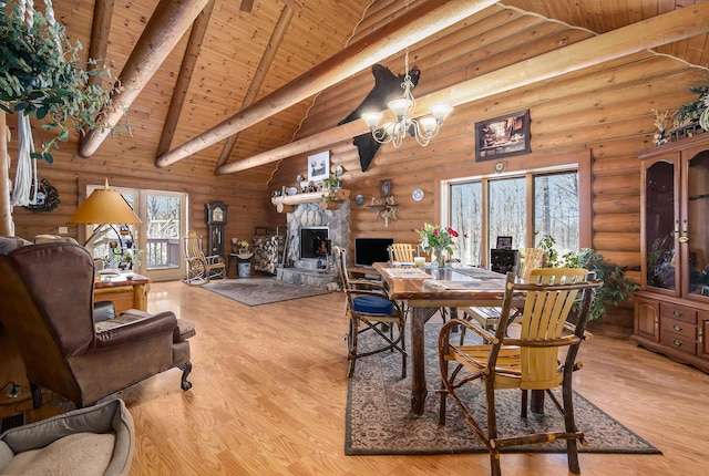 dining space featuring beamed ceiling, wood ceiling, a stone fireplace, wood finished floors, and high vaulted ceiling