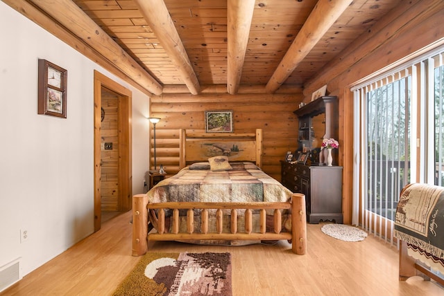 bedroom featuring visible vents, beam ceiling, wood finished floors, rustic walls, and wood ceiling